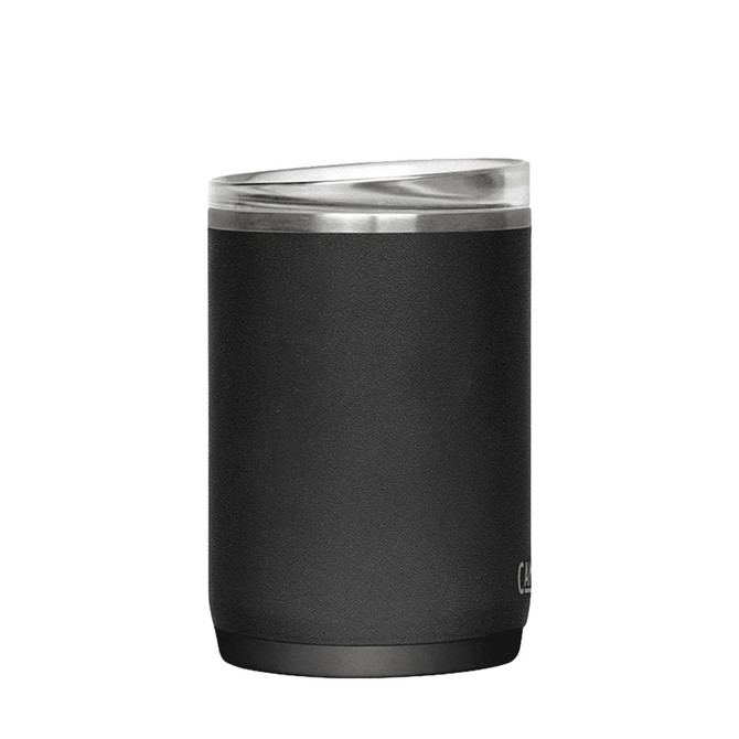A drink bottle featuring a black stainless steel body and a clear lid, with a silver rim detail.