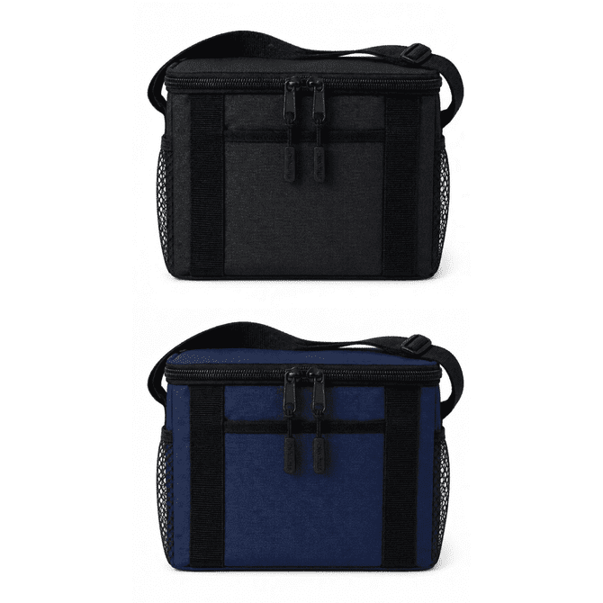 A cooler bag in black and navy, featuring a zip closure and mesh side pockets, with an adjustable strap.