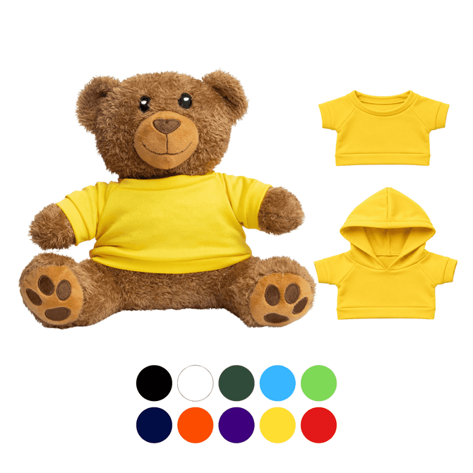 A plush teddy bear in brown with a yellow T-shirt, accompanied by interchangeable outfits in various colours.
