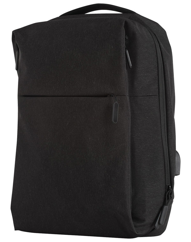 A sleek, black heather backpack with zippered compartments and a top handle, featuring a logo on the front.