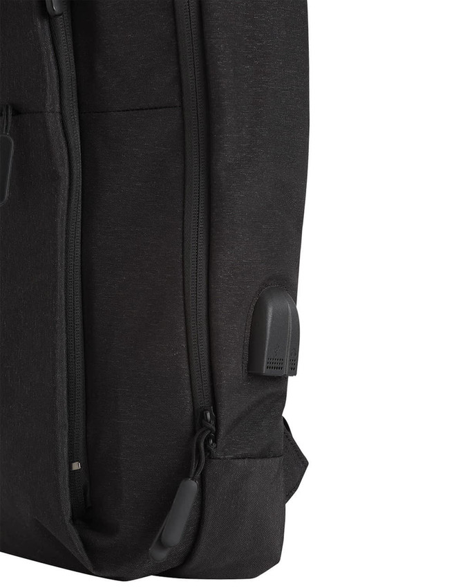 A black heather backpack featuring zippers and a side pocket, with a logo visible on the surface.