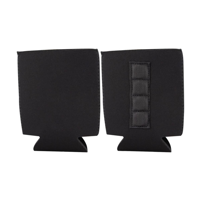 A black magnetic stubby holder with a flat base and a fabric strap on one side.