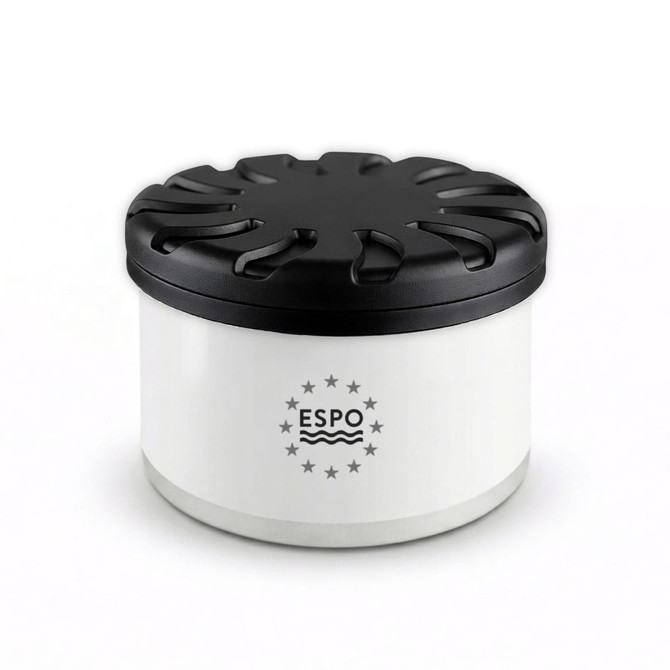 A round air freshener container with a black lid and a white body. It has a logo on the front.