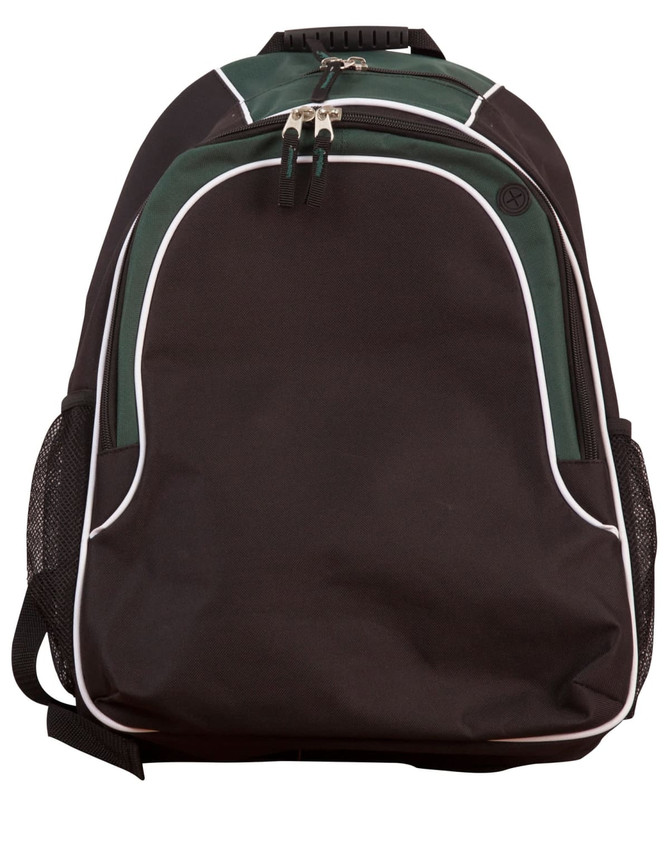 A black and green backpack with white accents and a zipper, featuring side mesh pockets and a logo.