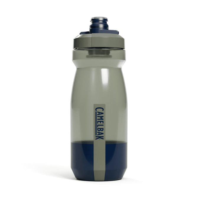 A drink bottle in grey and navy, featuring a logo and a twist-off lid for easy access.