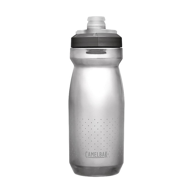 A drink bottle in clear plastic with grey accents and a logo, featuring a squeeze top for easy hydration.