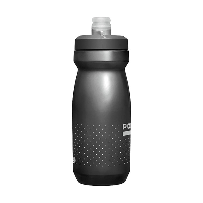 A drink bottle in matte black with a nozzle cap and a dotted pattern, featuring a branding logo.