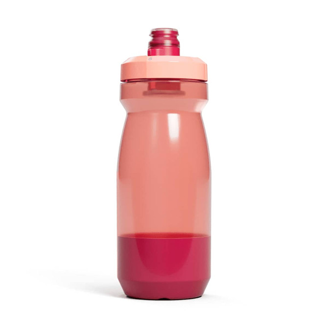 A drink bottle in shades of pink with a screw-top lid and a logo on its body.