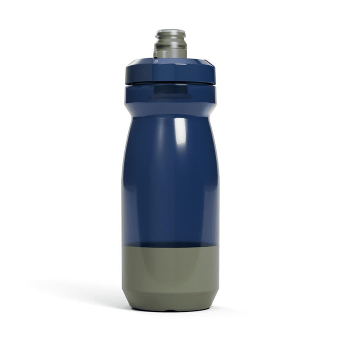A drink bottle in navy blue and olive green with a screw top and logo.