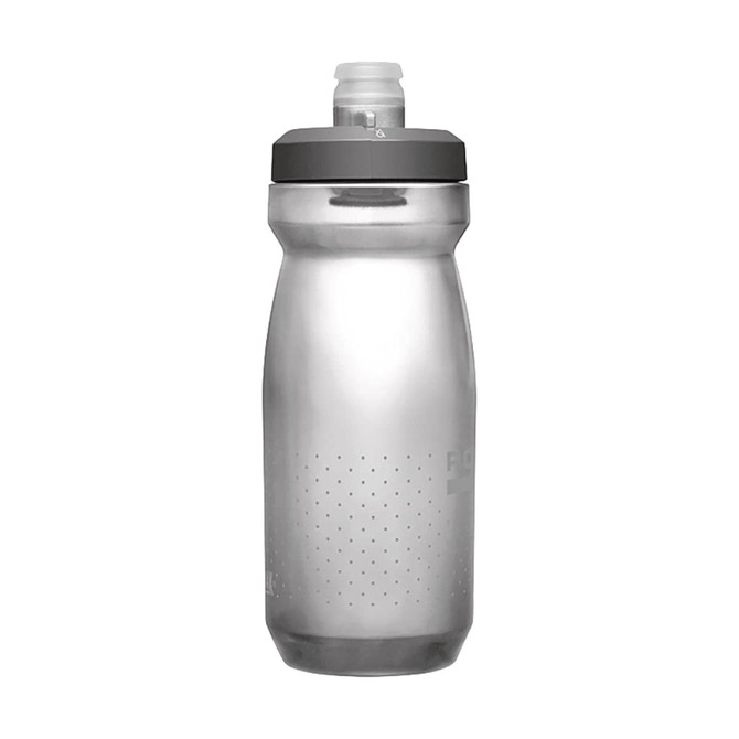 A drink bottle with a translucent silver body and a grey cap, featuring a logo.