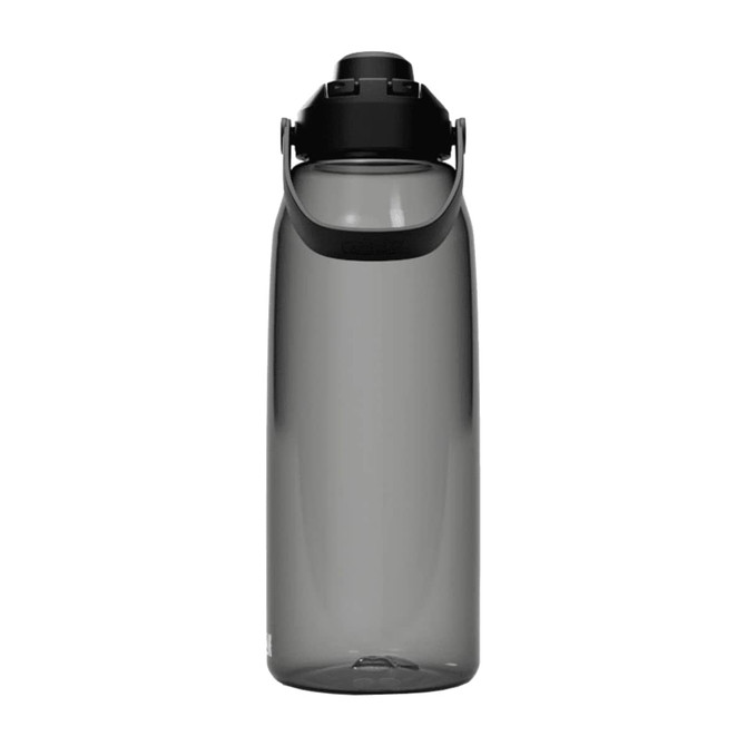 A drink bottle in a transparent grey colour with a black lid and carrying handle, featuring a logo.