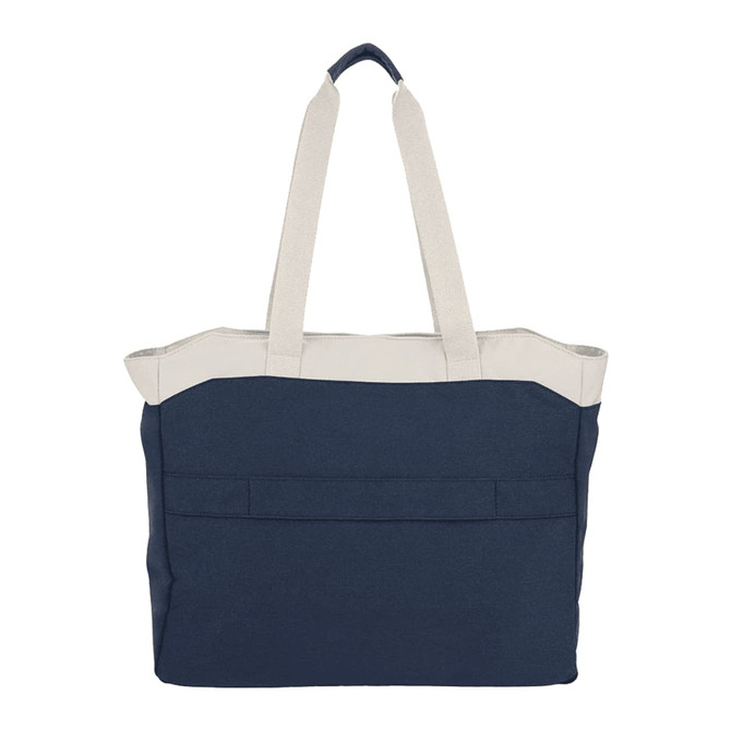 A navy and cream tote bag featuring dual handles and a spacious design, with a branded logo.