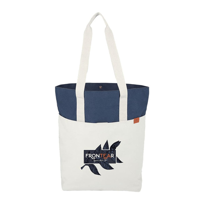 A tote bag with a cream body, navy blue top and straps, featuring a branded logo on the front.