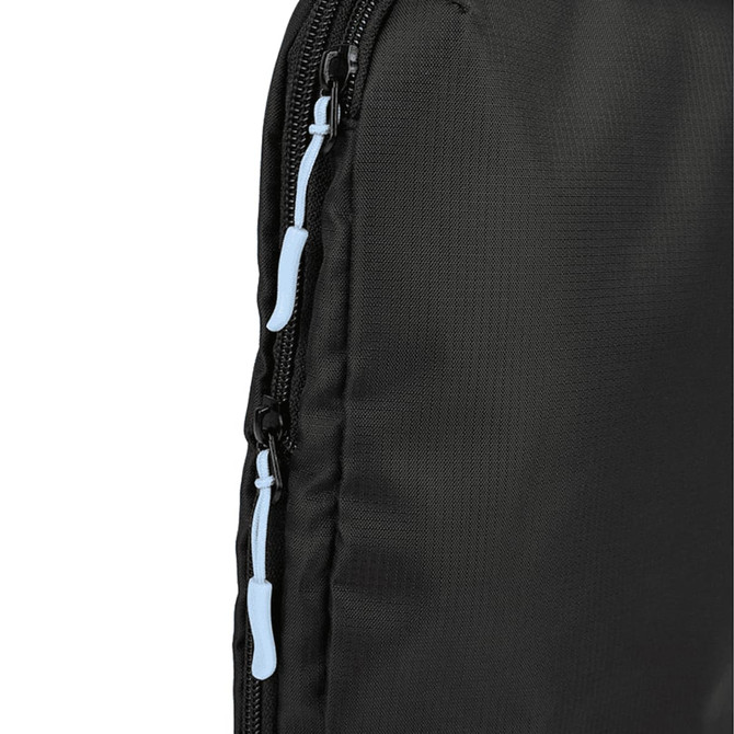 A black packing cube with blue zipper pulls, featuring a textured fabric surface and seamless design.