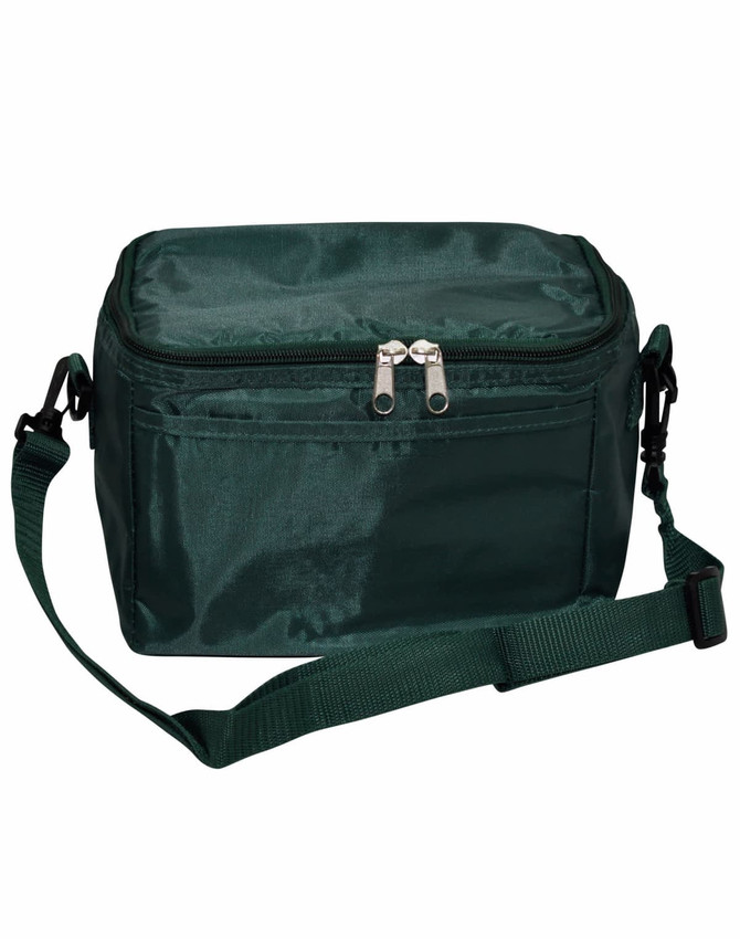 A green cooler bag with a zip closure and adjustable shoulder strap, featuring a small pocket on the front.
