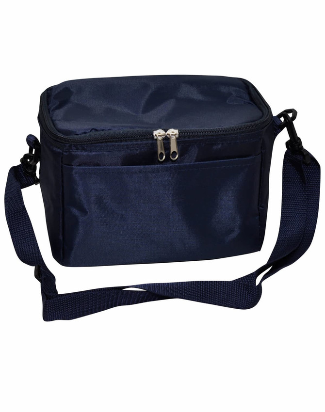 A dark navy 6 can cooler bag with a zippered closure and adjustable shoulder strap. It features a front pocket and has a logo.