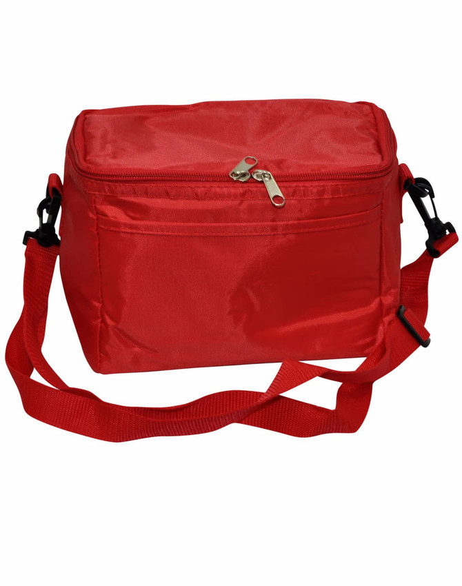 A red cooler bag with a zippered top and an adjustable shoulder strap, featuring a logo on the front.