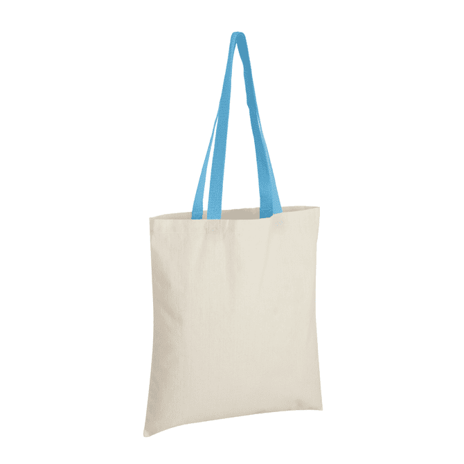A cream tote bag with light blue handles, featuring a logo on one side.