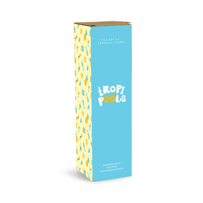 A drink bottle with a light blue design features playful graphics and has a logo. The packaging is brightly coloured.