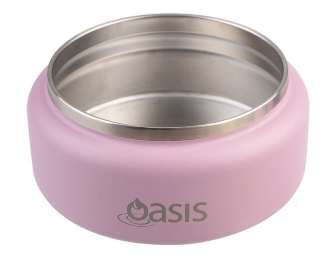 A food flask with a pink exterior and stainless steel interior, featuring a logo on the side.