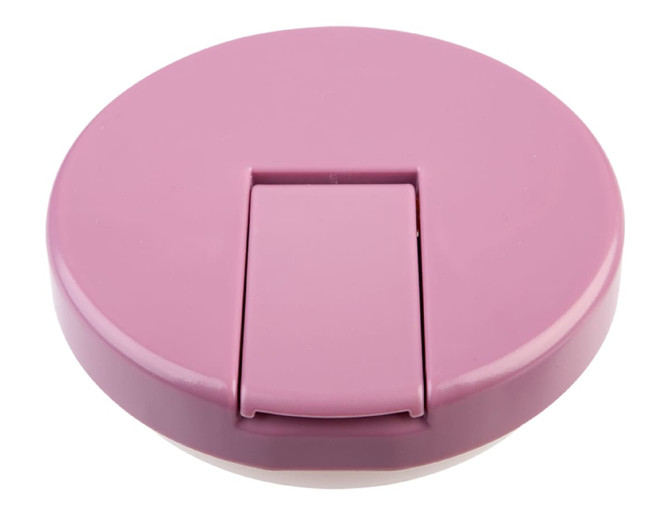 A round, pink insulated food flask with a quick-release lid, featuring a smooth surface and a subtle logo.