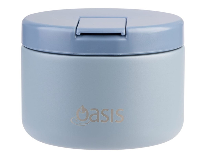 A food flask in light blue with a secure lid and a logo. Suitable for keeping food insulated.