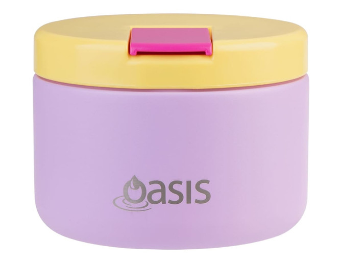 A food flask with a purple body and a yellow lid, featuring a logo on the front.