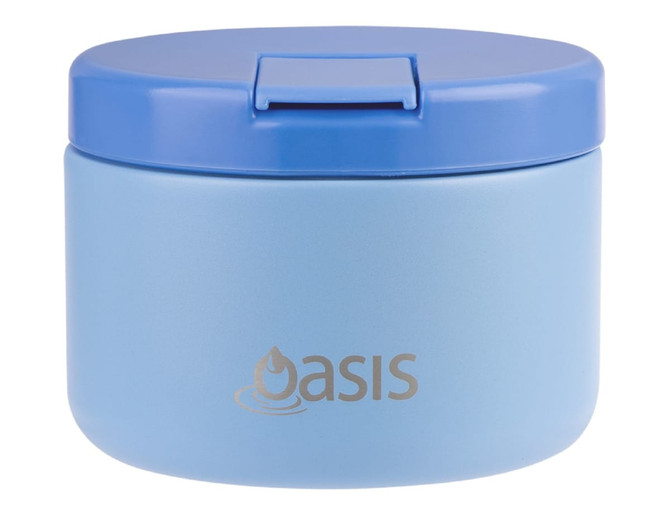 A food flask in light blue with a secure lid and a logo on the front.