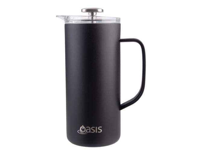 A drink bottle featuring a sleek black design with a handle, a lid, and a logo on the front.