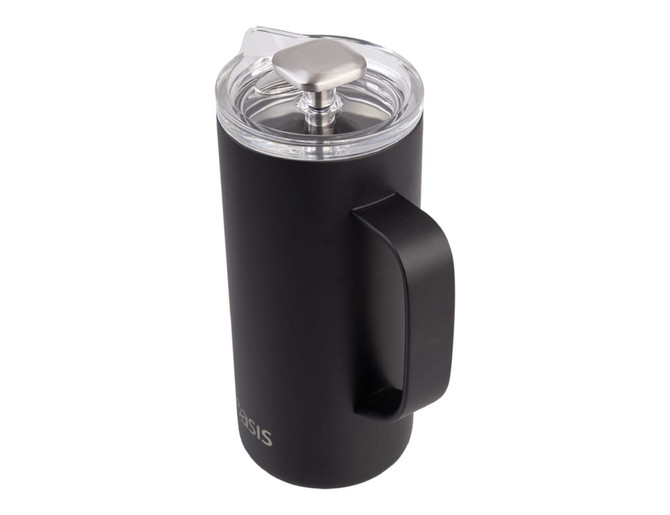 A drink bottle in matte black with a clear lid, featuring a handle and a logo.