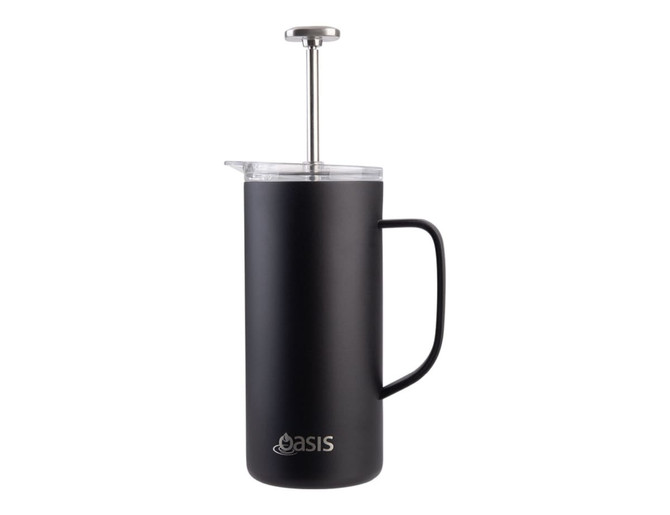 A drink bottle in matte black with a stainless-steel plunger and handle, featuring a logo on the body.