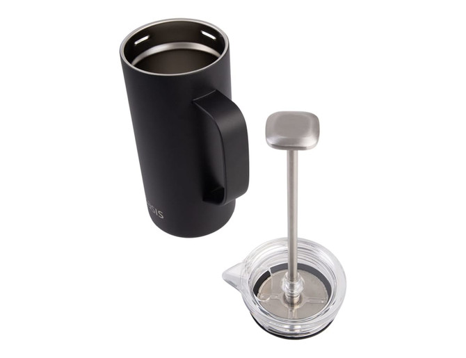 A drink bottle in matte black with a handle and a clear coffee press plunger. Features a logo on the body.