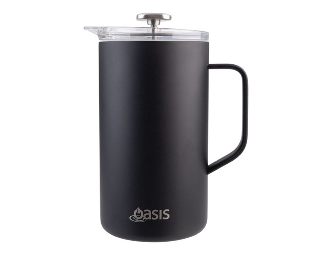 A drink bottle styled as a 1L insulated coffee press in matte black with a clear lid and a handle. It features a logo.