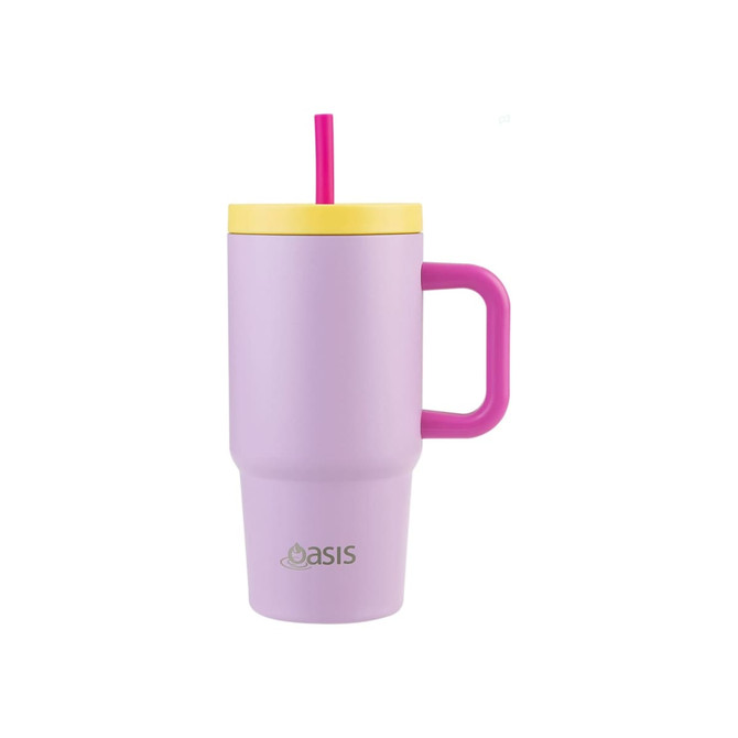 A drink bottle with a purple body, yellow lid, pink straw, and a handle. It features a logo.