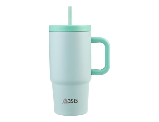 A drink bottle in a light blue colour featuring a handle, straw, and a logo on the front.