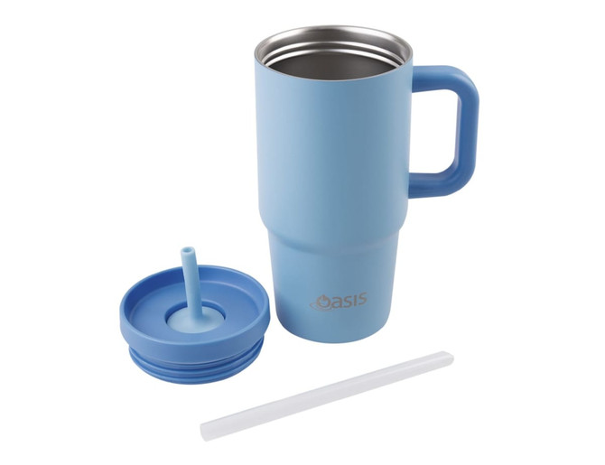 A blue insulated travel tumbler with a handle, straw, and lid, featuring a logo on the side.