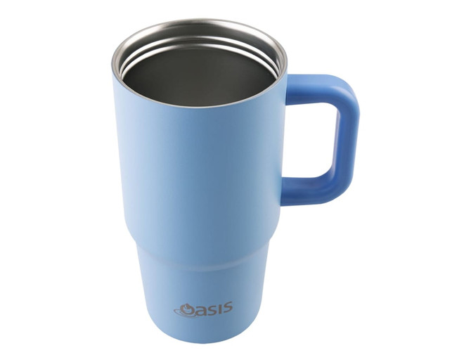 A drink bottle in light blue with a sturdy handle, featuring an insulated design and a logo.
