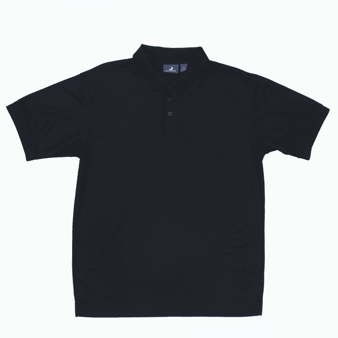 A navy blue polo shirt with a collar and buttons, featuring a logo on the chest area.