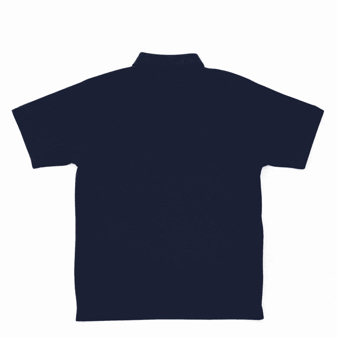 A navy polo shirt featuring a classic collar and a back view. The shirt includes a branding logo.