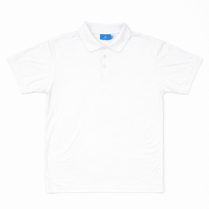 A white polo shirt featuring a collar and button placket, with a logo on the inside neck.