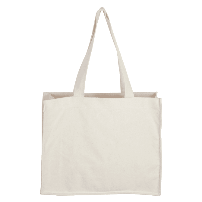 A canvas bag in a light cream colour with two long handles and a simple design, featuring a logo.