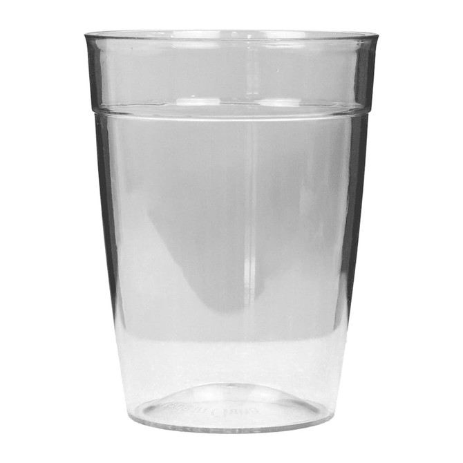 A plastic carry cup in clear colour with a smooth surface and a slight taper towards the base. It features a logo.