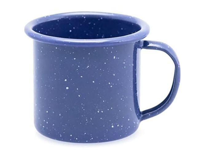 A navy blue enamel espresso mug with a speckled finish, measuring 6cm and holding 125ml.