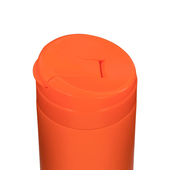 An orange coffee cup with a lid featuring a small opening, designed for beverages. It has a smooth surface and a logo.