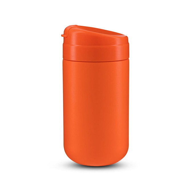 An orange coffee cup with a lid, featuring a smooth finish and a sleek design. It has a branding logo on it.