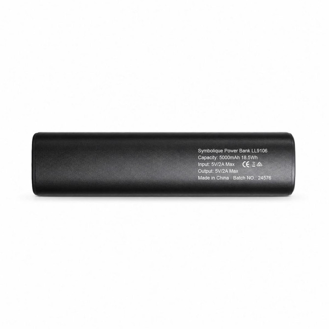 A black 5,000mAh power bank with a logo, featuring input and output specifications on one side.