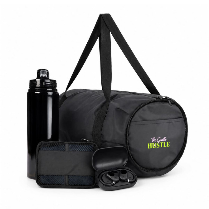 A black duffel bag with a drink bottle, a small case, and wireless earbuds, featuring a logo.