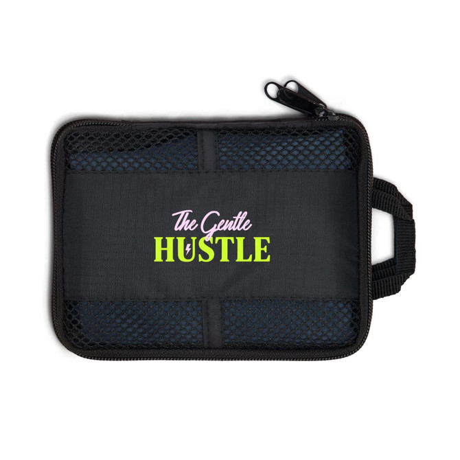 A black zipped pouch featuring a mesh pocket and a logo. It has a handle for easy carrying.