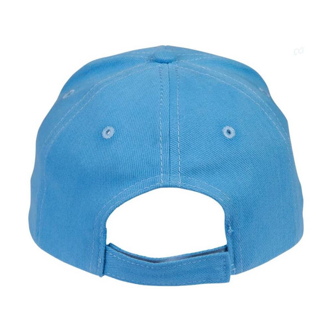 A blue heavy brushed cotton cap with a curved peak and adjustable back strap. Features a logo on the side.