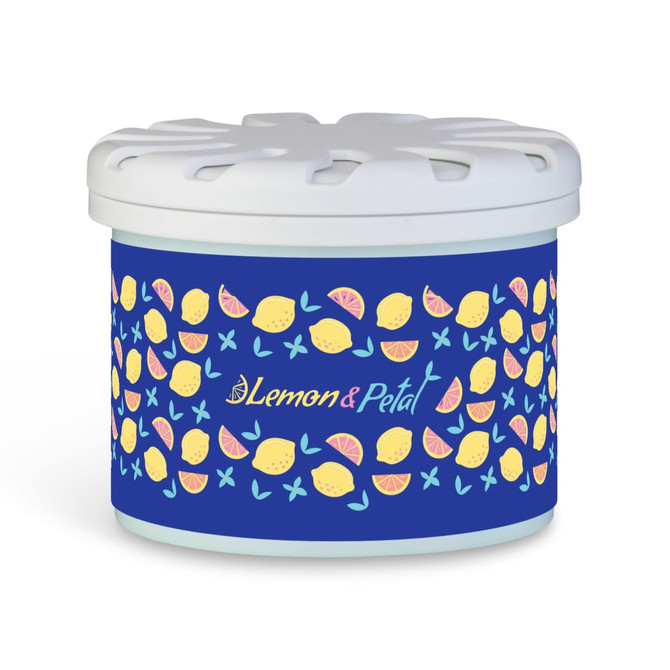 A round scent pot in blue featuring a colourful lemon and petal design, topped with a white lid and floral accents.